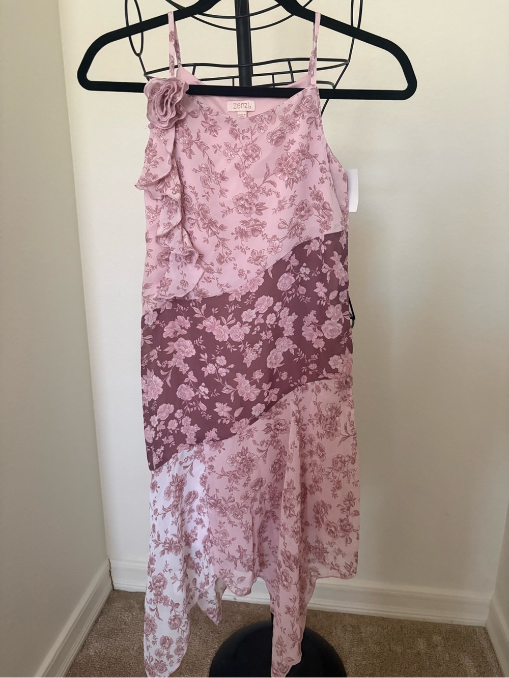Zena Pink Floral Ruffle Spaghetti-Strap Dress